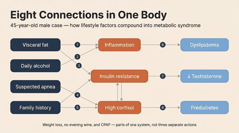Eight connections of metabolic syndrome: visceral fat, daily alcohol, suspected apnea, and family history flow through inflammation, insulin resistance, and high cortisol into dyslipidemia, low testosterone, and prediabetes