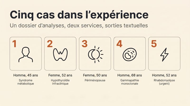 Cinq cas de l'expérience : homme de 45 ans (syndrome métabolique), femme de 52 ans (hypothyroïdie infraclinique), femme de 50 ans (périménopause), homme de 68 ans (gammapathie monoclonale), homme de 52 ans (rhabdomyolyse)