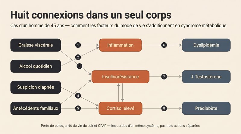 Huit connexions du syndrome métabolique : graisse viscérale, alcool quotidien, suspicion d'apnée et antécédents familiaux se propagent par l'inflammation, l'insulinorésistance et un cortisol élevé vers la dyslipidémie, la testostérone basse et le prédiabète