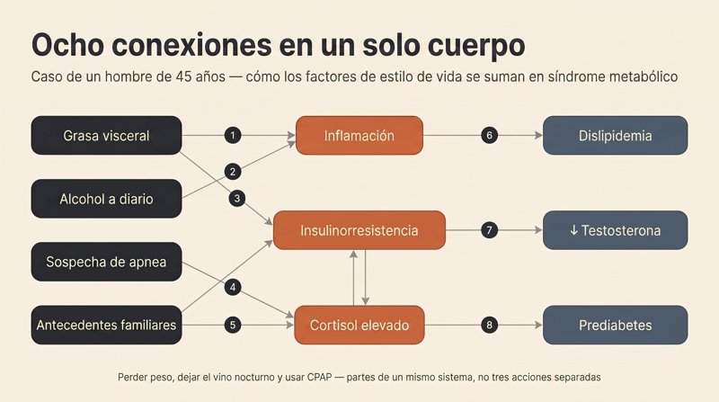 Ocho conexiones del síndrome metabólico: grasa visceral, alcohol diario, sospecha de apnea y antecedentes familiares fluyen a través de la inflamación, la resistencia a la insulina y el cortisol elevado hacia la dislipidemia, la testosterona baja y la prediabetes