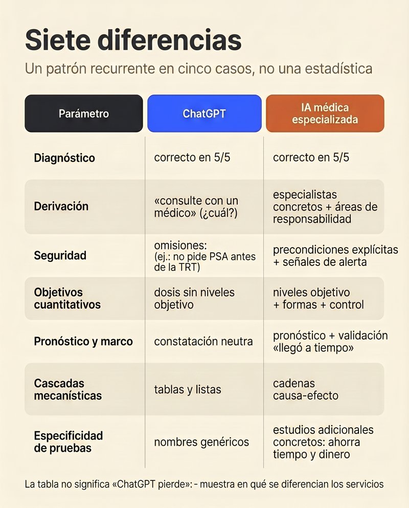 Tabla de siete parámetros comparando ChatGPT y una IA médica especializada: diagnóstico, enrutamiento, seguridad, objetivos cuantitativos, pronóstico y encuadre, cascadas mecanicistas y especificidad de pruebas