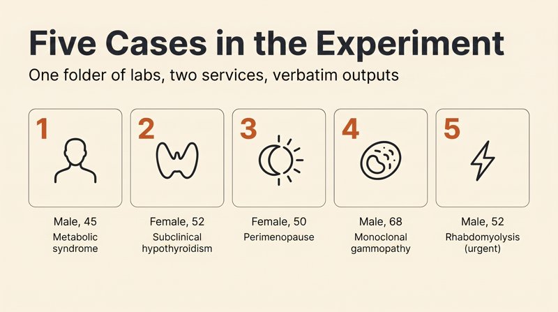 Five cases in the experiment: 45-year-old male (metabolic syndrome), 52-year-old female (subclinical hypothyroidism), 50-year-old female (perimenopause), 68-year-old male (monoclonal gammopathy), 52-year-old male (rhabdomyolysis)