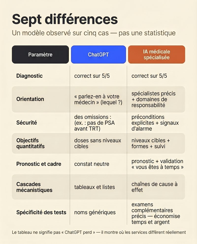 Tableau de sept paramètres comparant ChatGPT et une IA médicale spécialisée : diagnostic, orientation, sécurité, cibles quantitatives, pronostic et cadrage, cascades mécanistiques, spécificité des examens