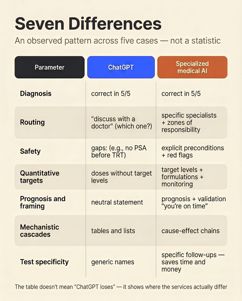 Table of seven parameters comparing ChatGPT and a specialized medical AI: diagnosis, routing, safety, quantitative targets, prognosis and framing, mechanistic cascades, and test specificity
