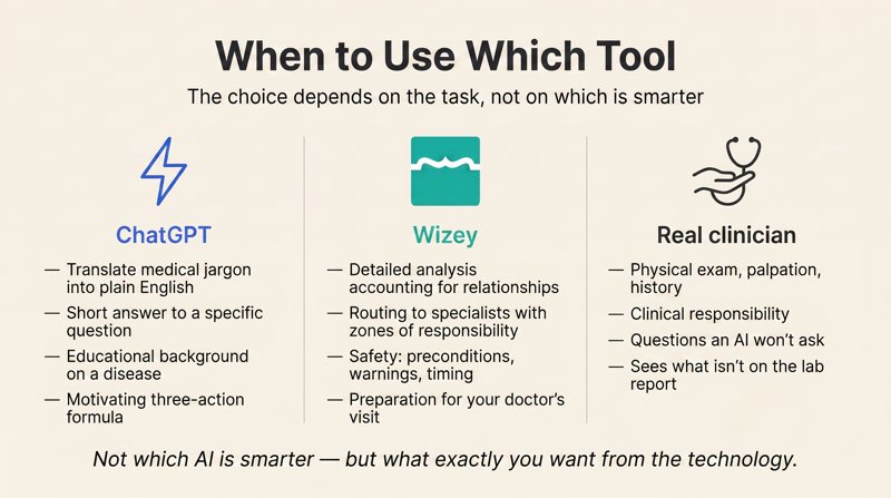 Three operating modes: ChatGPT for fast answers and educational context, Wizey for detailed analysis and doctor-visit preparation, a real clinician for physical exam and clinical responsibility
